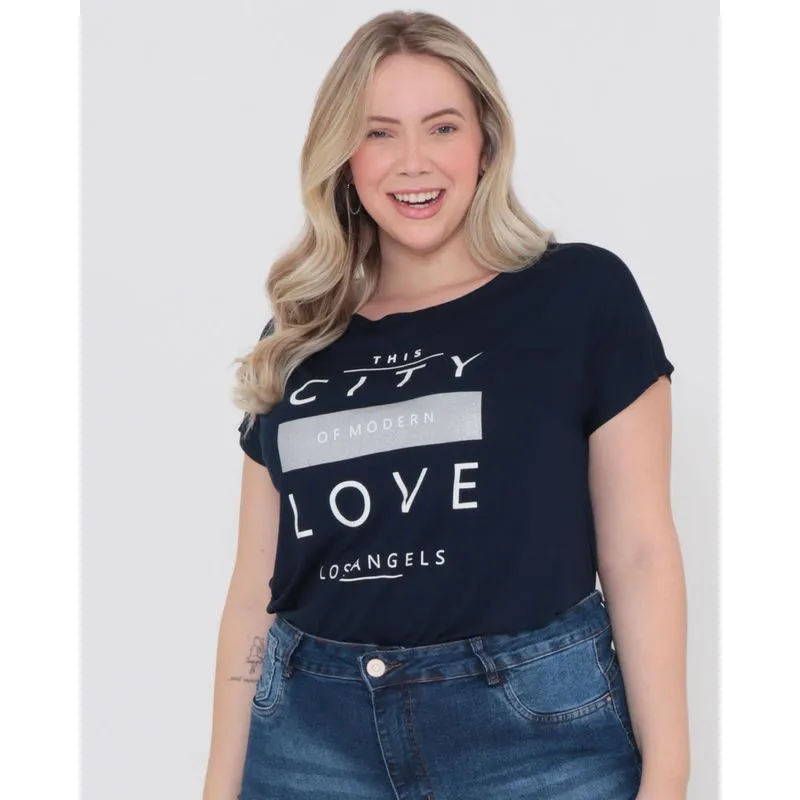 Blusa Plus Size Estampa Love Malha Azul Marinho G2