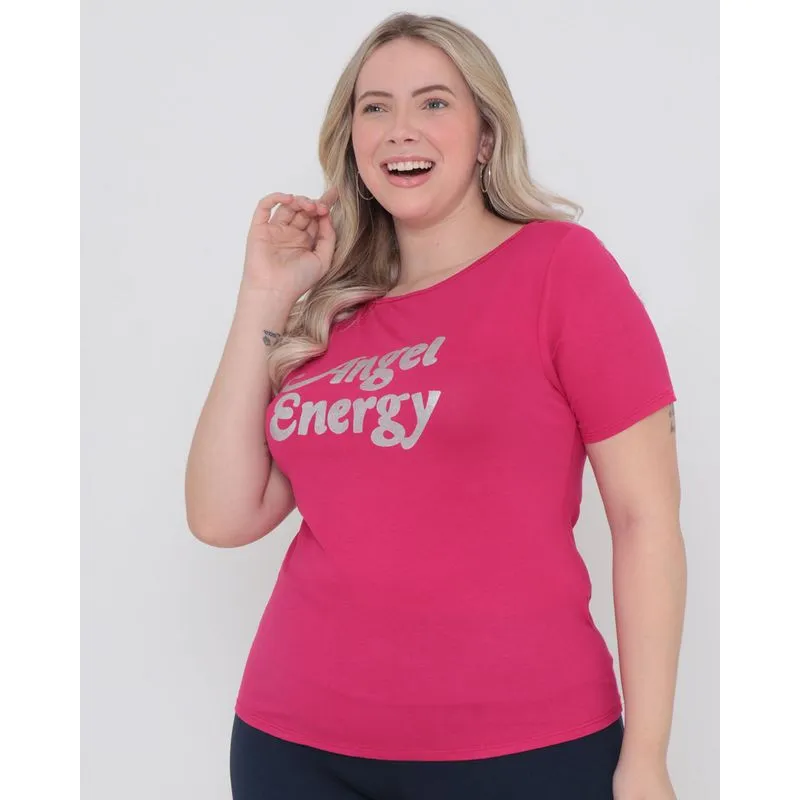 Blusa Plus Size Manga Curta Estampa Angel Rosa G2