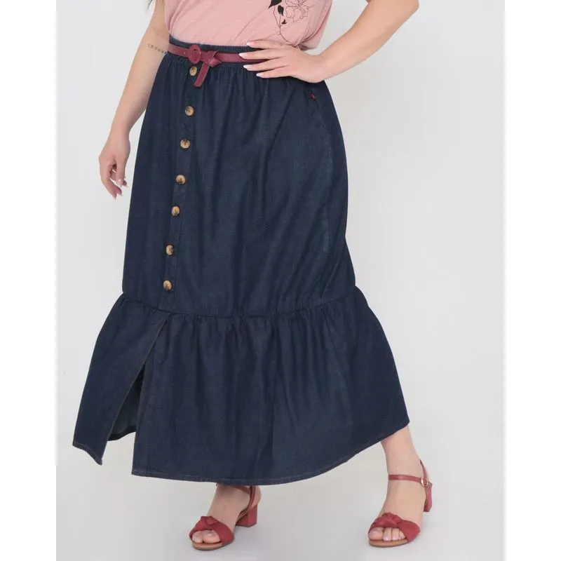 Saia Jeans Plus Size Com Babado e Botões Azul Escuro G3