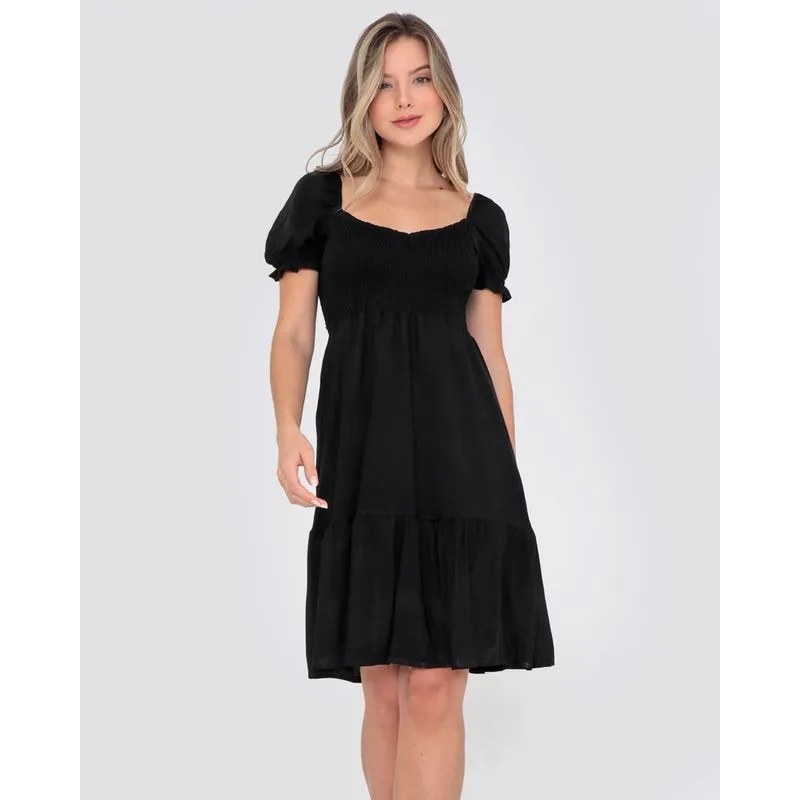 Vestido Viscose Lastex e Babados Liso Preto P