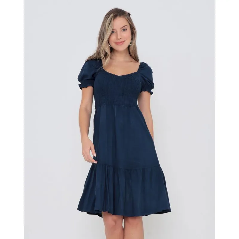Vestido Viscose Lastex e Babados Liso Azul Marinho P