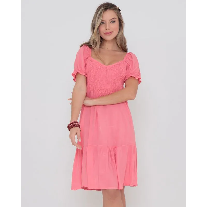 Vestido Viscose Lastex e Babados Liso Coral G