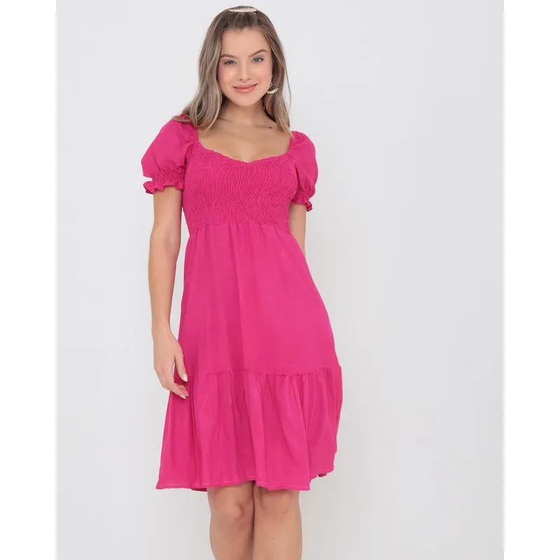 Vestido Viscose Lastex e Babados Liso Rosa M