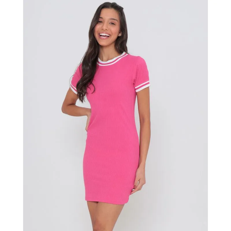 Vestido Malha Canelada Punho Listrado Rosa P