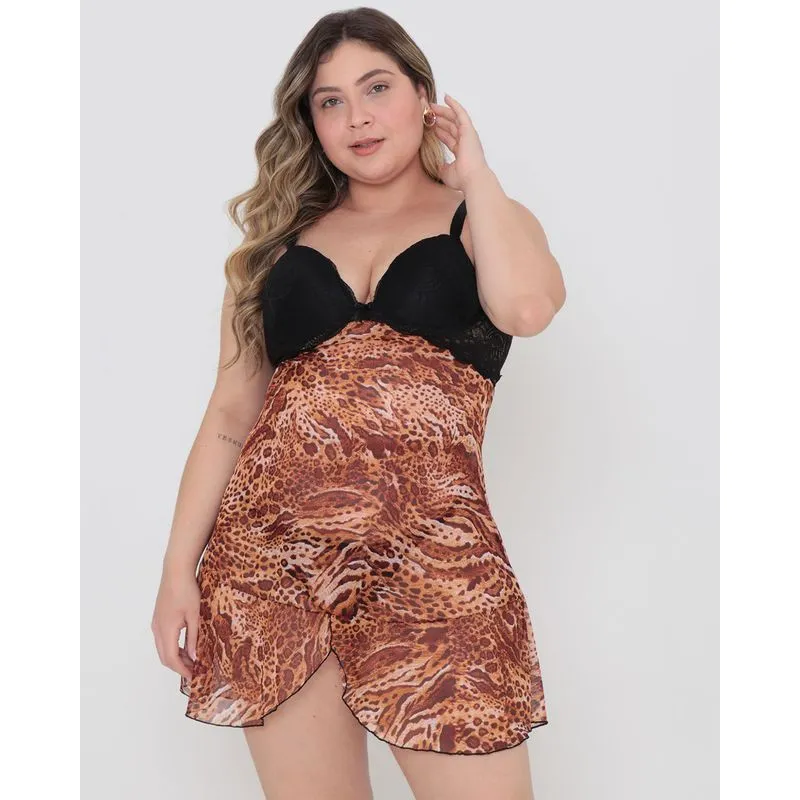 Camisola Plus Size Com Calcinha Tule Animal Print Preta 48