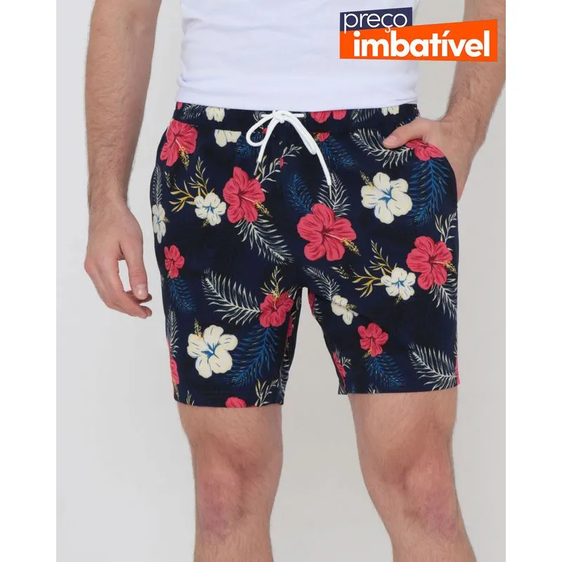 Bermuda Masculina Cordão Estampada Floral Marinho M