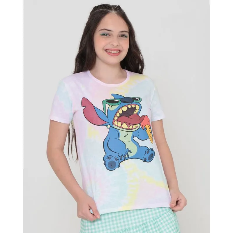 Blusa Juvenil Tie Dye Lilo e Stitch Disney Rosa 16
