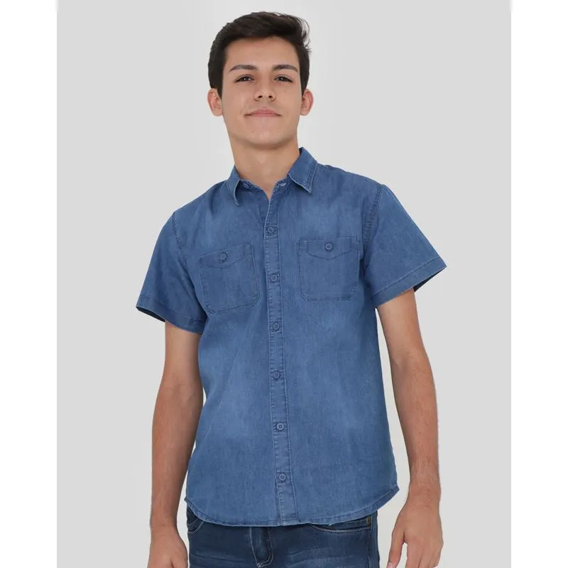 Camisa Jeans Juvenil Manga Curta Com Bolsos Azul Claro 14