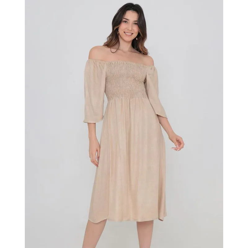 Vestido Midi Ciganinha Com Lastex Bege Claro M