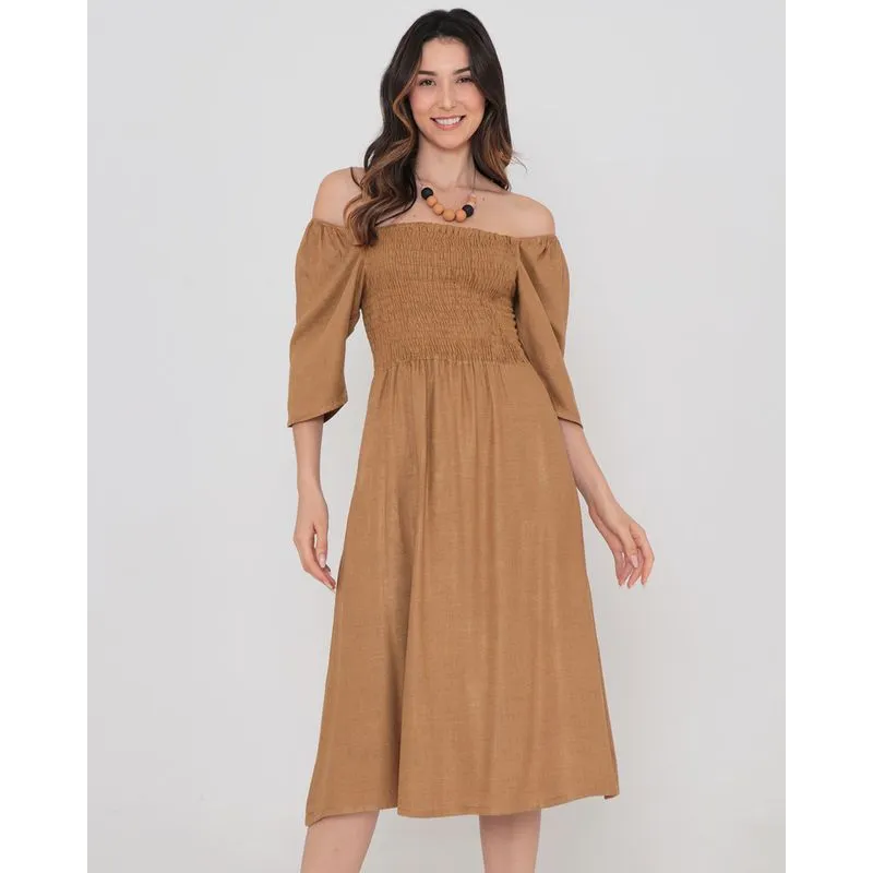 Vestido Midi Ciganinha Com Lastex Bege M