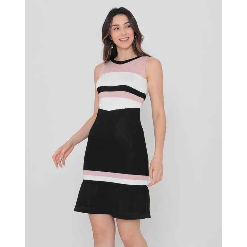 Vestido De Tricô Com Pregas E Listras Preto G