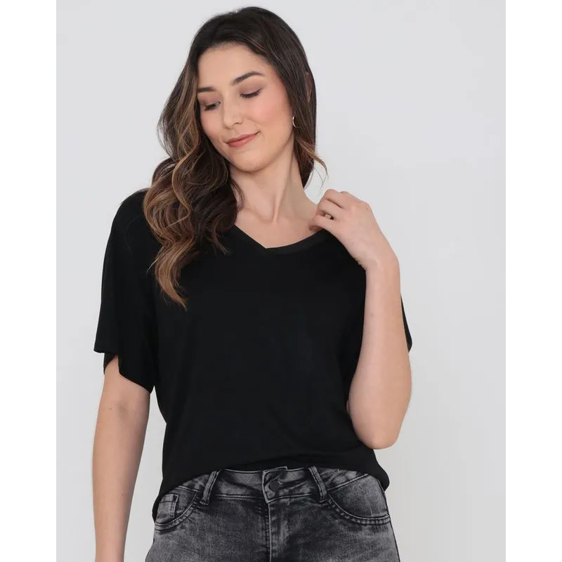 Blusa Decote V Lisa Preta GG