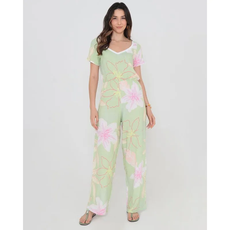 Macacão Feminino Decote V Estampado Floral Verde Claro P