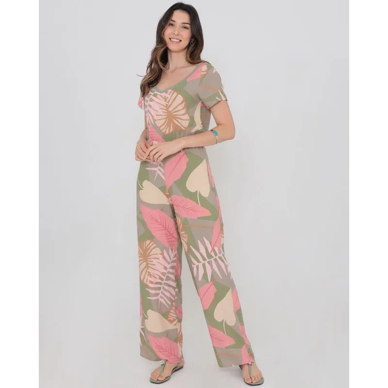 Macacão Feminino Decote V Estampado Floral Verde M