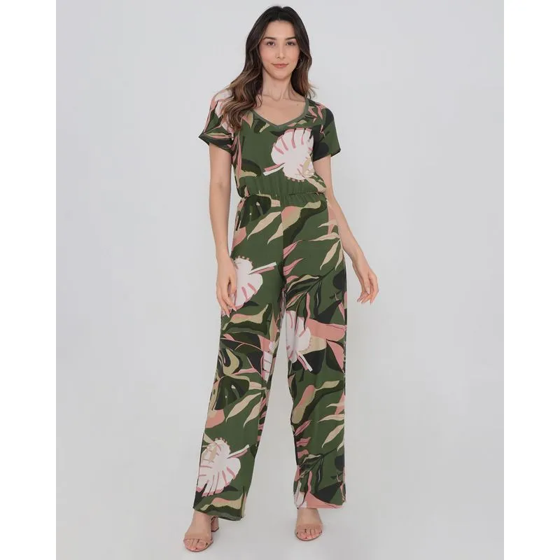 Macacão Feminino Decote V Estampado Floral Verde Escuro M
