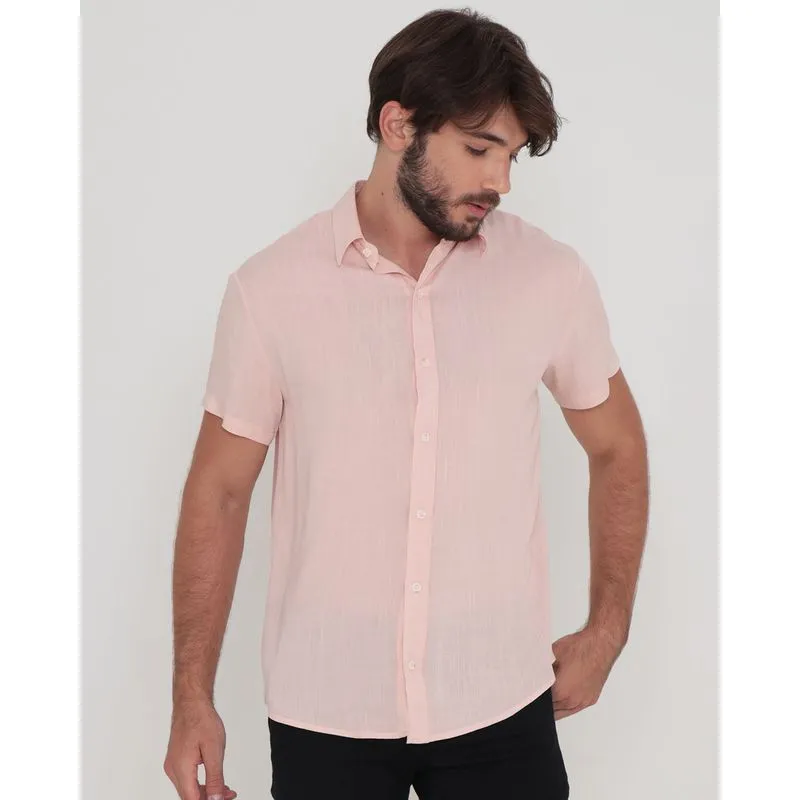 Camisa Viscose Masculina Manga Curta Rosa Claro GG