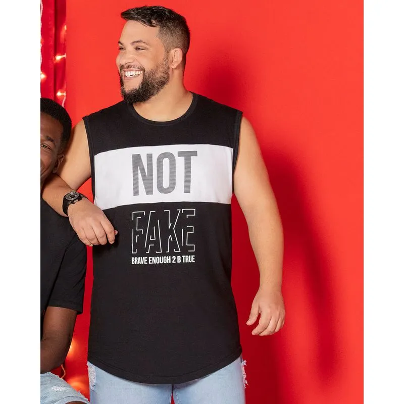 Regata Longline Masculina Plus Size Estampada Preta G1