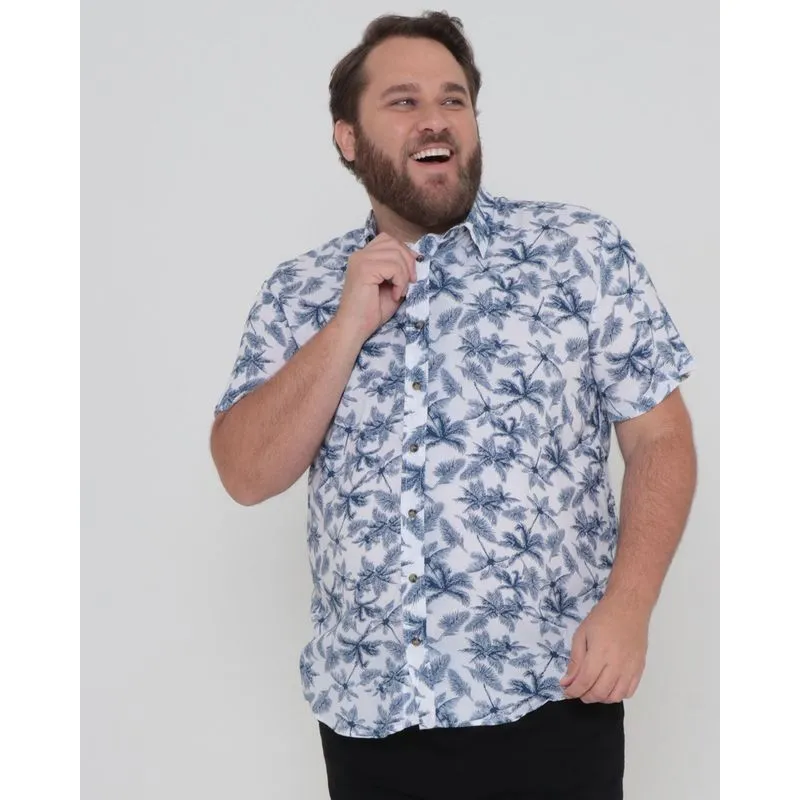 Camisa Masculina Plus Size Estampa Coqueiros Branca G2