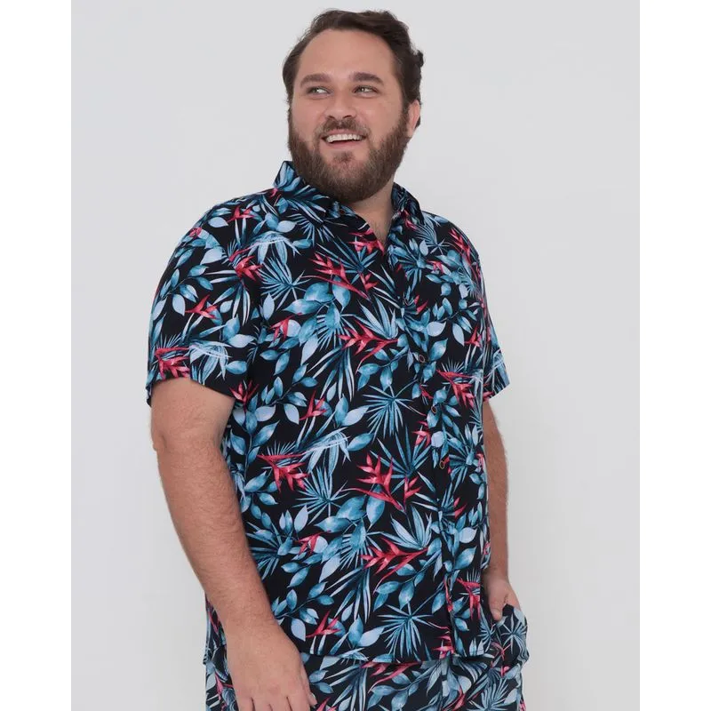 Camisa Masculina Plus Size Viscose Floral Azul G3