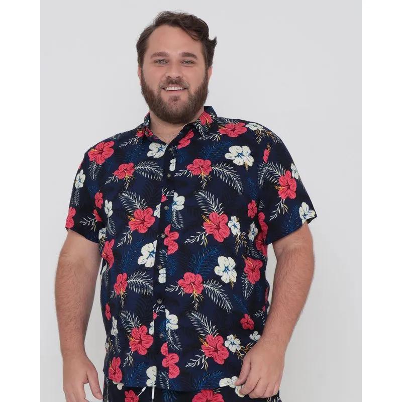 Camisa Masculina Plus Size Estampa Floral Azul Escuro G1