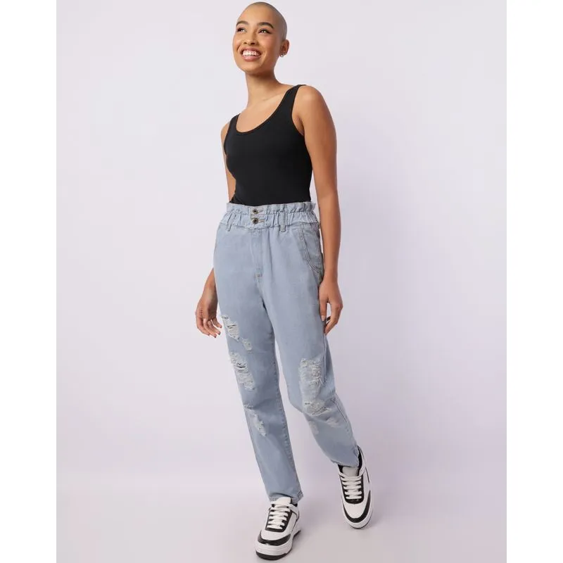 Calça Jeans Feminina Clochard Destroyed Azul Claro 40