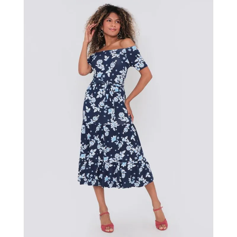 Vestido Midi Ciganinha Malha Estampado Floral Marinho P