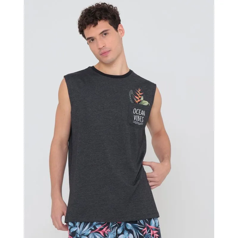 Regata Surf Masculina Estampa Tropical Cinza Escuro M
