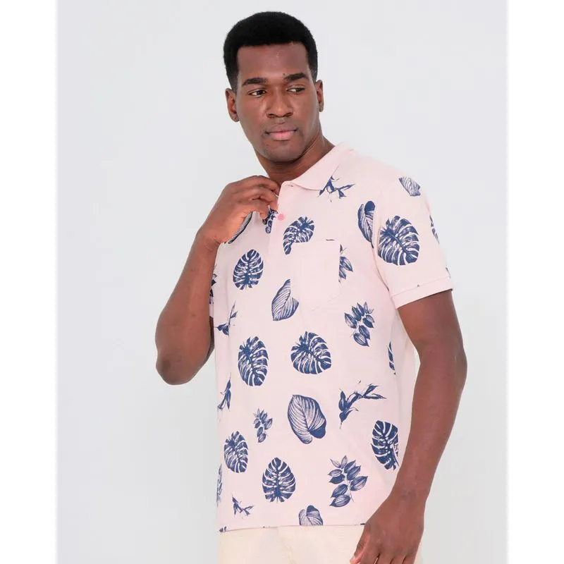 Polo Masculina Bolso Único Estampa Folhas Rosa P