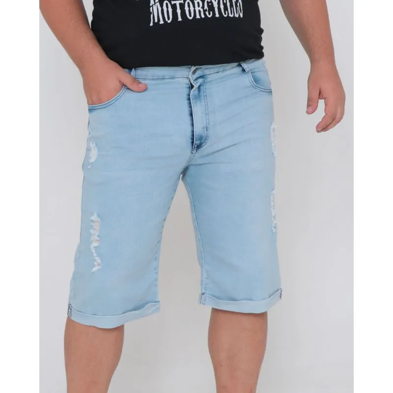 Bermuda Jeans Masculina Plus Size Destroyed Barra Dobrada Azul 56