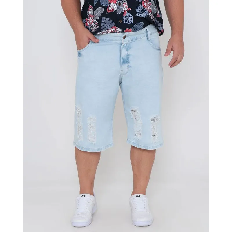 Bermuda Jeans Masculina Plus Size Destroyed Azul Claro 50