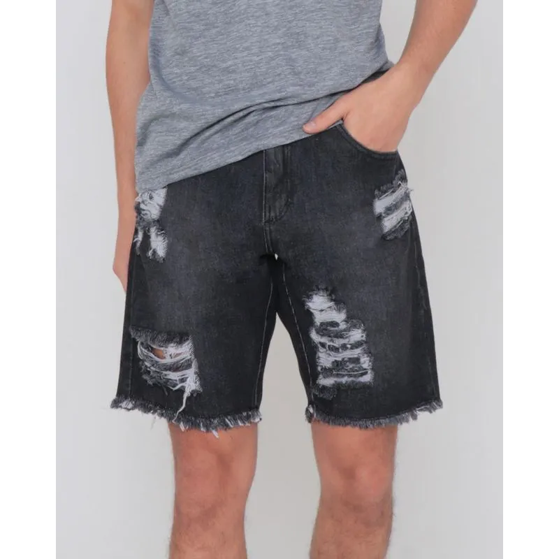 Bermuda Jeans Masculina Destroyed Denim Preta 44
