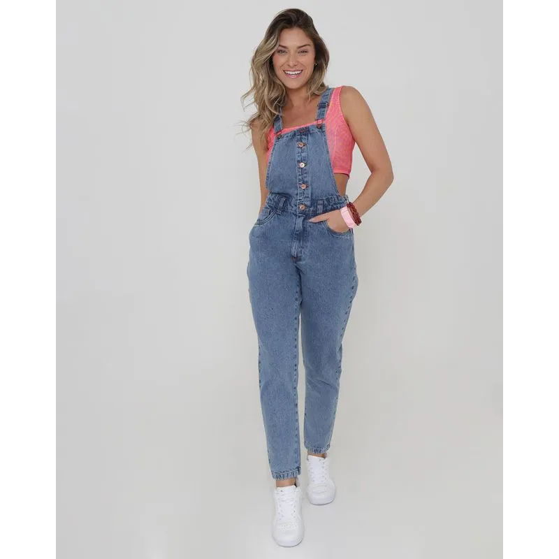 Macacão Jeans Feminino Com Botões Azul 46