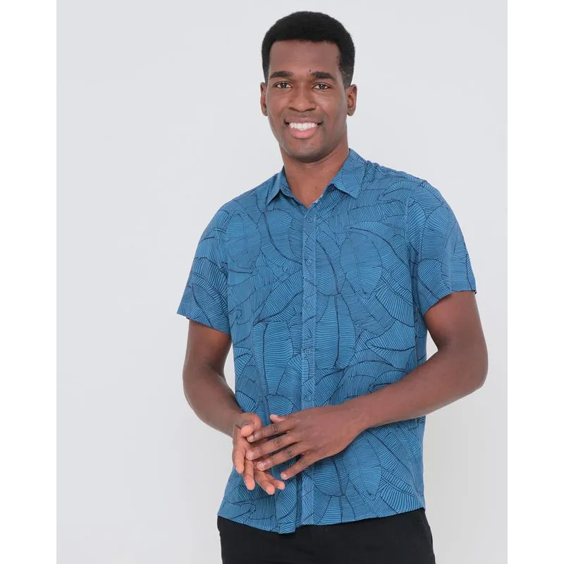 Camisa Viscose Masculina Estampa Folhas Azul M