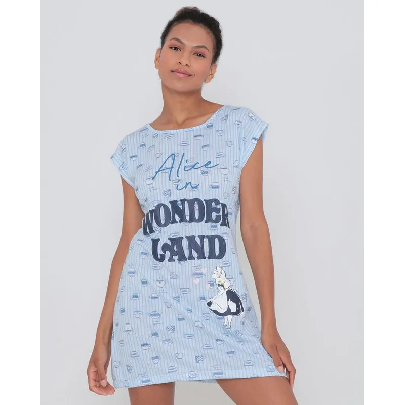 Camisola Manga Curta Estampa Alice Disney Azul Claro P