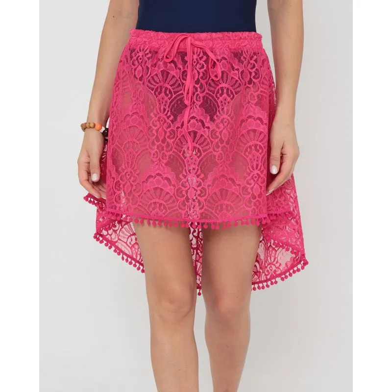 Saída De Praia Saia Renda Pompom Rosa GG