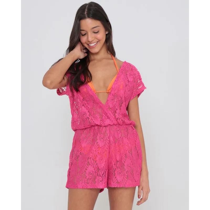 Saída De Praia Macaquinho De Renda Rosa P