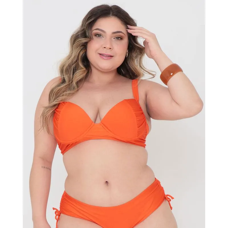 Biquíni Plus Size Top Com Bojo Franzido Liso Laranja 48