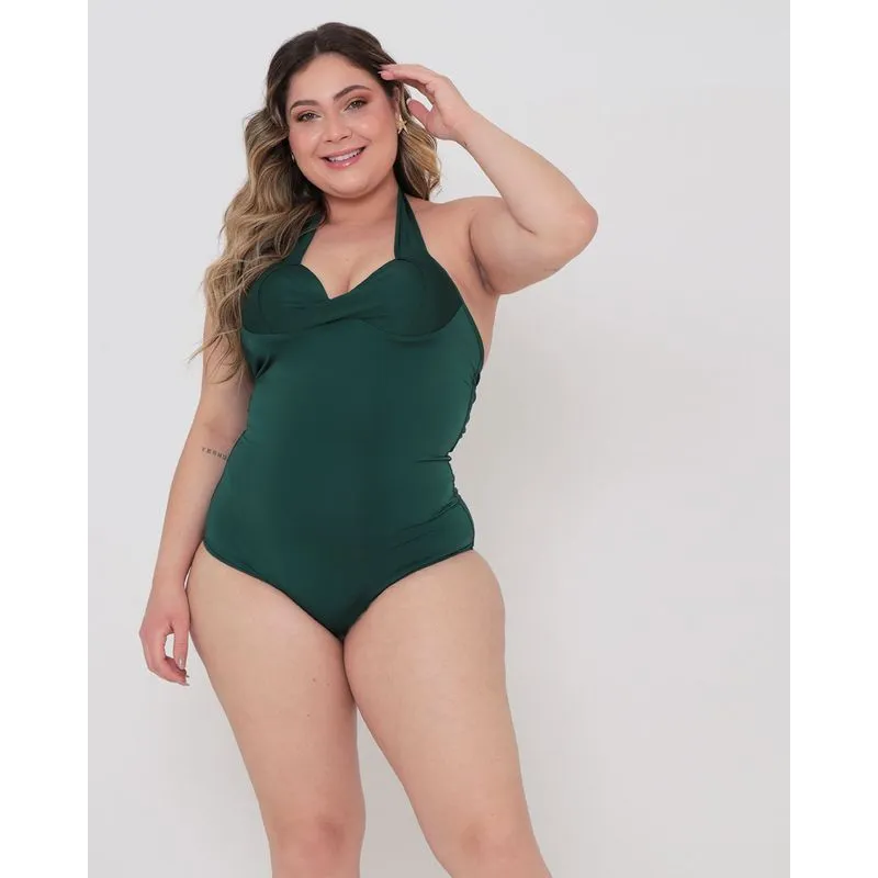 Maiô Plus Size Feminino Com Bojo Decote Torcido Verde Escuro 52