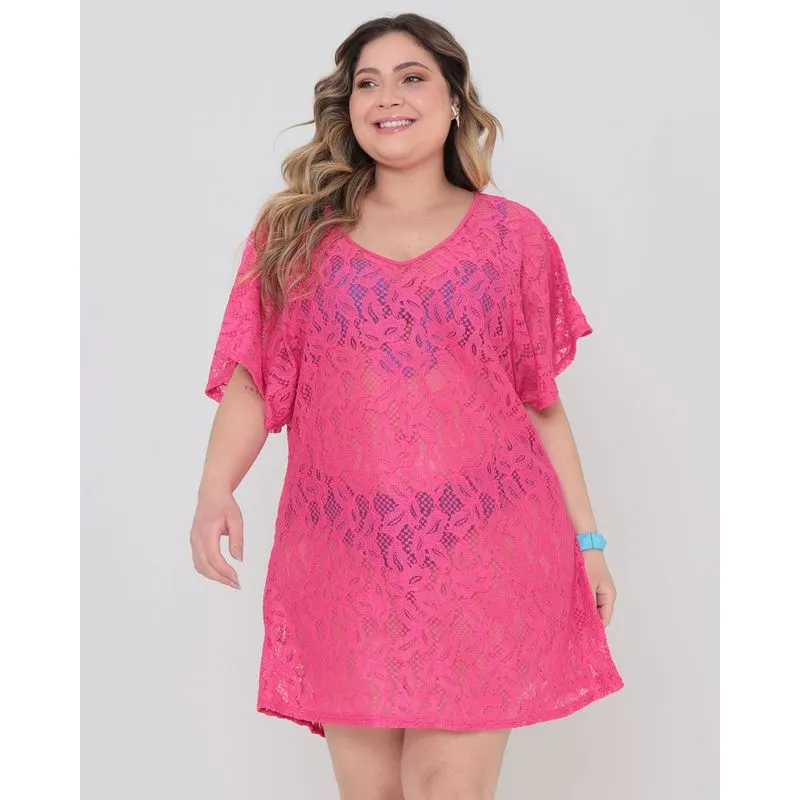 Saída de Praia Vestido Plus Size Renda Rosa G2
