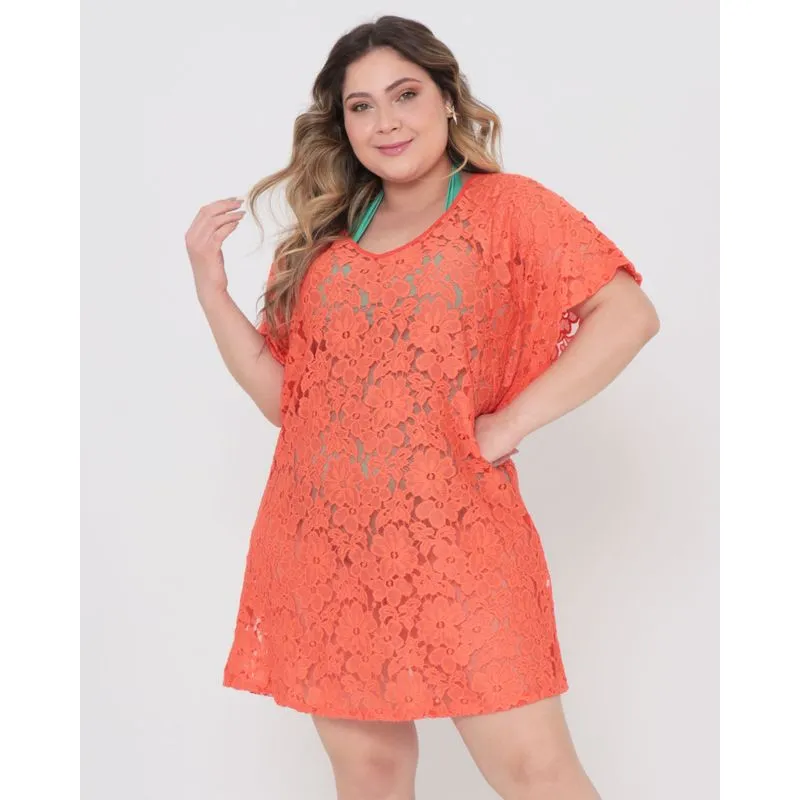 Saída de Praia Vestido Plus Size Renda Laranja G1