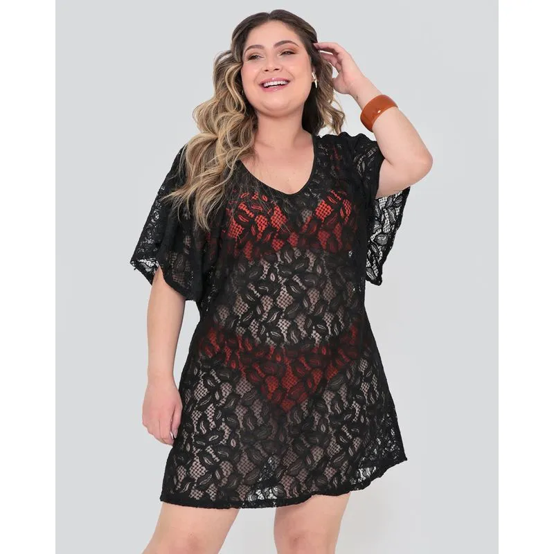 Saída de Praia Vestido Plus Size Renda Preto G3