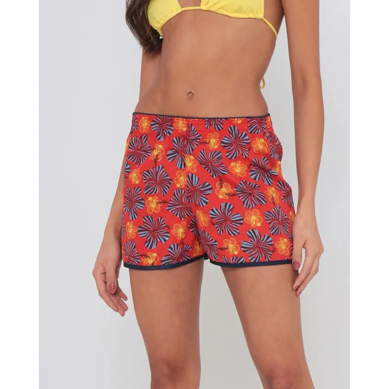 Short Praia Elástico Estampado Floral Vermelho GG