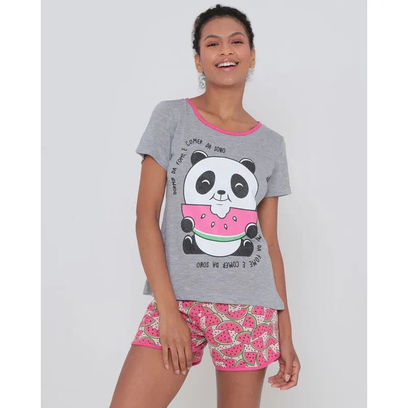 Pijama Feminino Curto Estampa Panda Cinza Claro G