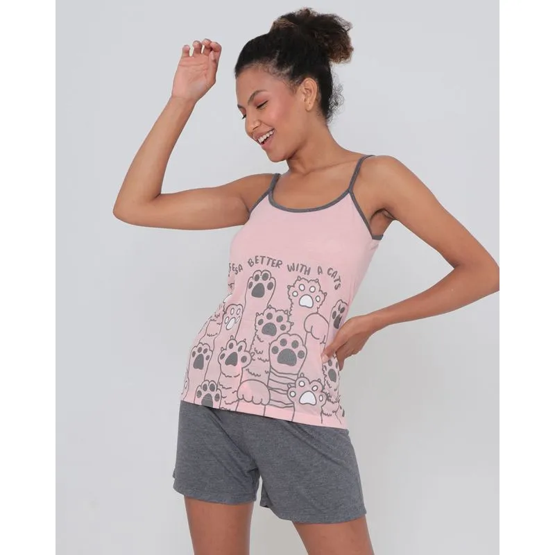 Pijama Feminino Alcinha Curto Estampa Patinhas Rosa M