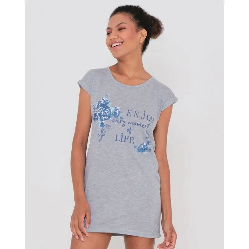 Camisola Manga Curta Estampa Floral Cinza Claro P