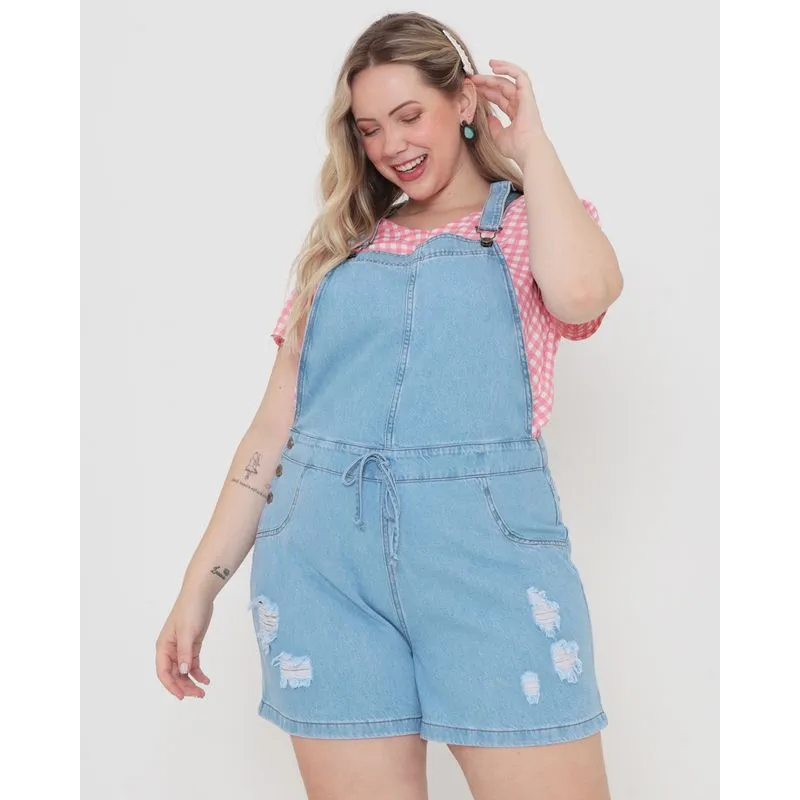 Jardineira Jeans Feminina Plus Size Destroyed Azul 50