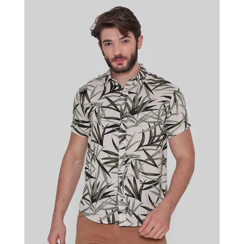 Camisa Viscose Masculina Estampa Folhas Bege G
