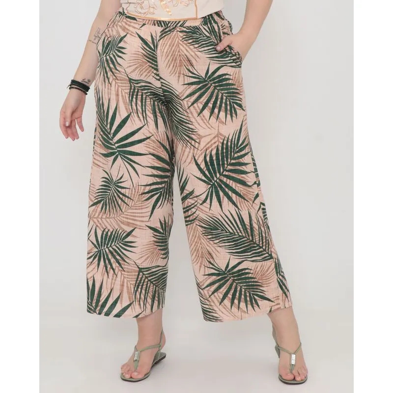 Calça Plus Size Feminina Pantalona Estampada Floral Bege G3