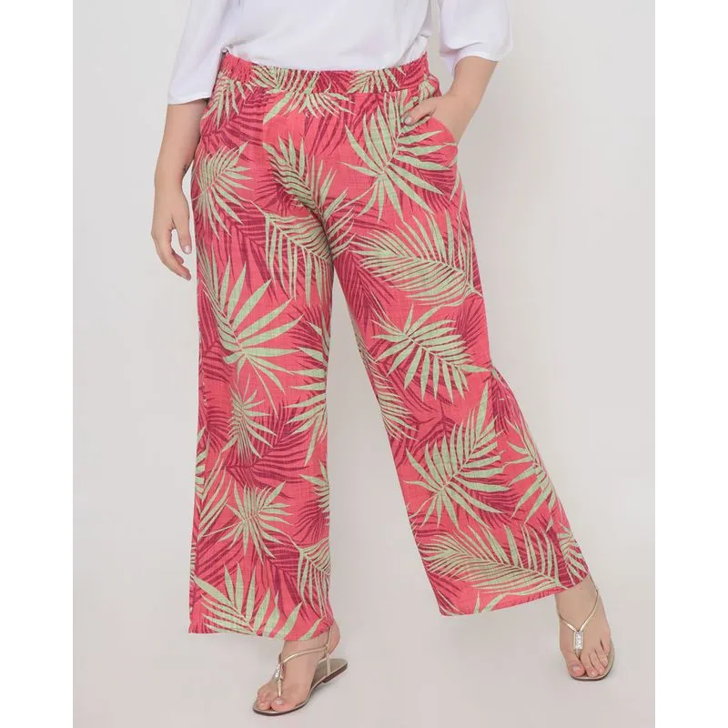 Calça Plus Size Feminina Pantalona Estampada Floral Rosa G3