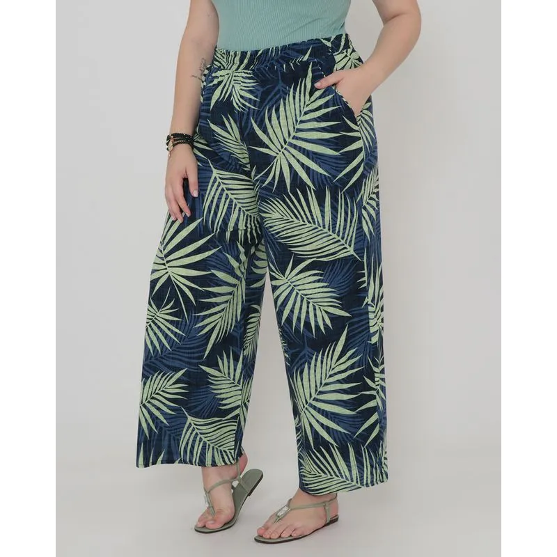 Calça Plus Size Feminina Pantalona Estampada Floral Azul G3